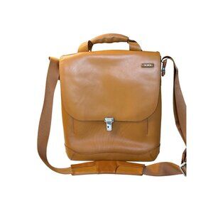 Tumi Tan Leather Messenger Bag With Adjustable Shoulder Strap & Silver-Tone Hard